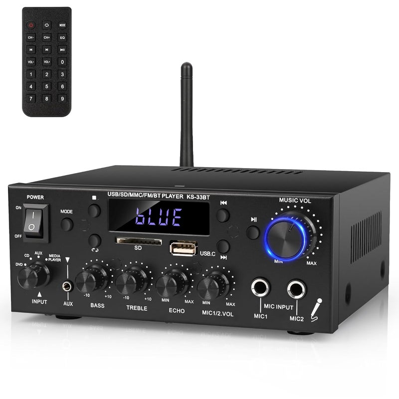 Romicta Romica Stereo Audio Amplifier, 2 Channel 500W Bluetooth 5.0 Home Theater Power Amplifier with FM, Echo, AUX, USB, SD, MIC Inputs, HiFi AMP for Passive Speakers and Active subwoofer - Image 1